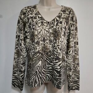 MAINBOCHER‎ SIZE XL BEIGE BROWN FLORAL CASHMERE PULLOVER SWEATER LIGHTWEIGHT